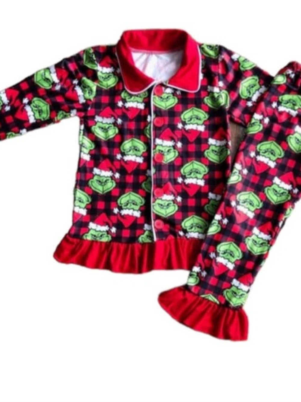 Kids Red Plaid Grinch Christmas Pajama Set